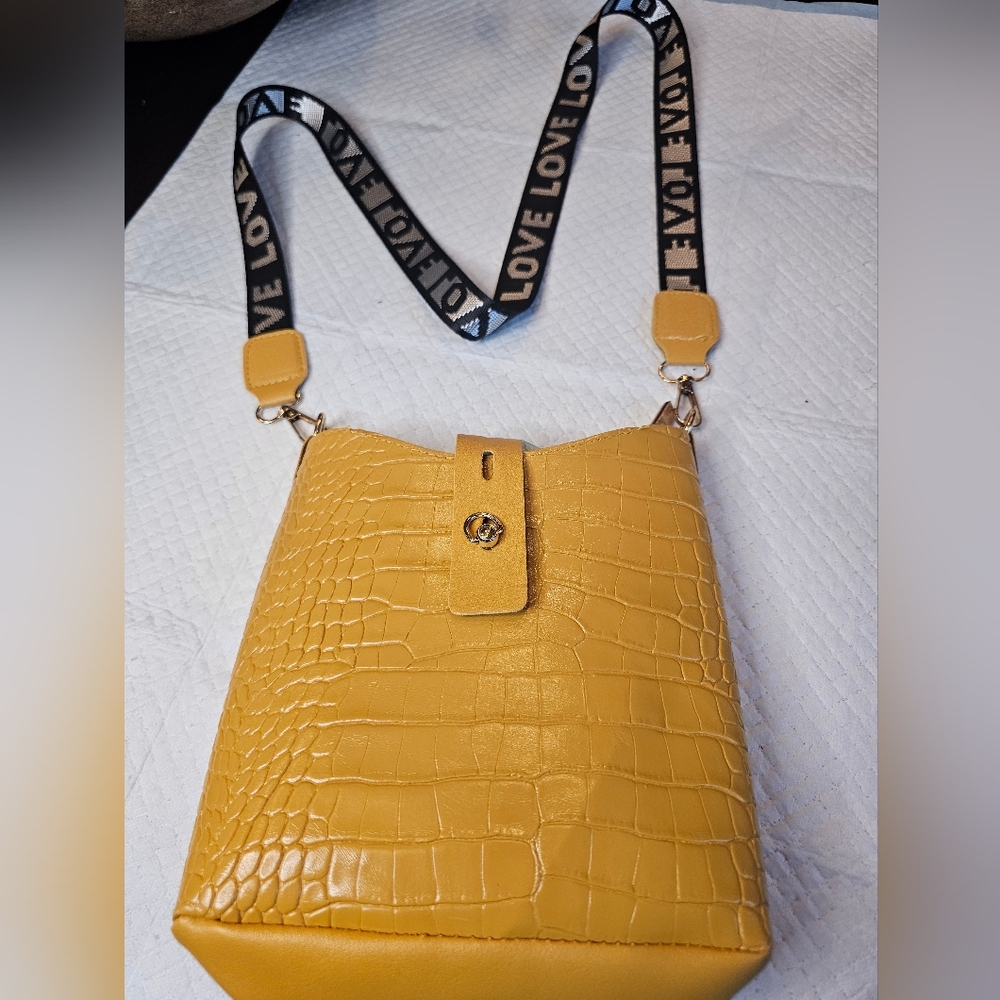 Golden Yellow Crossboday Bag with "LOVE" Guitar strap.